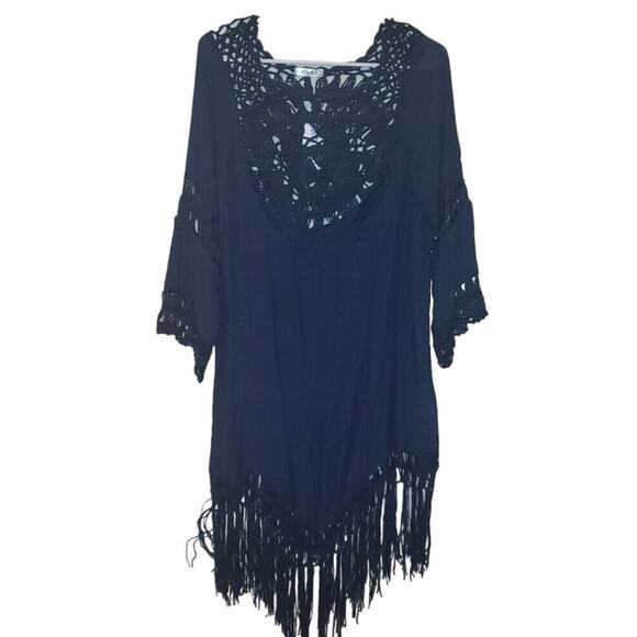 Boho Crochet Fringe Beach Cover-Up Dress M  Blue Vacation Resort Swimwear - Picture 1 of 8